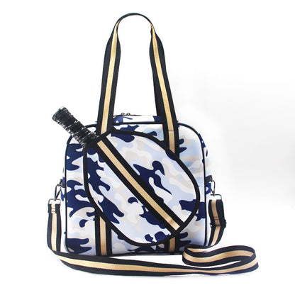 Striped outdoor neoprene travel portable fashionable tennis equipment bag with blue and white camouflage design