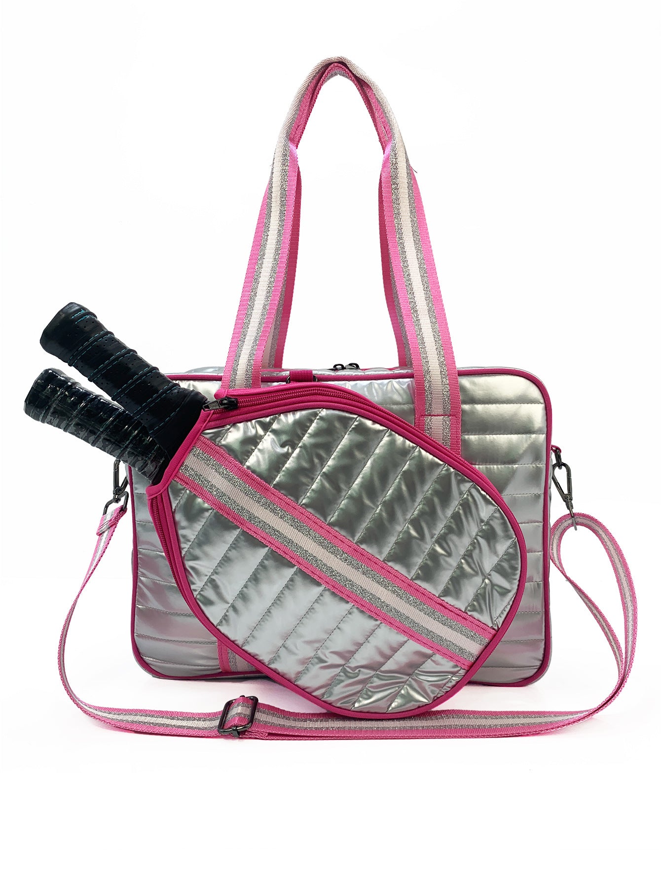 Striped outdoor neoprene travel bag set with racket cover in pink and silver, a fashionable tennis equipment bag