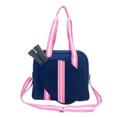 Striped outdoor neoprene travel bag by Sheila Merchandise pink and navy fashionable tennis equipment bag