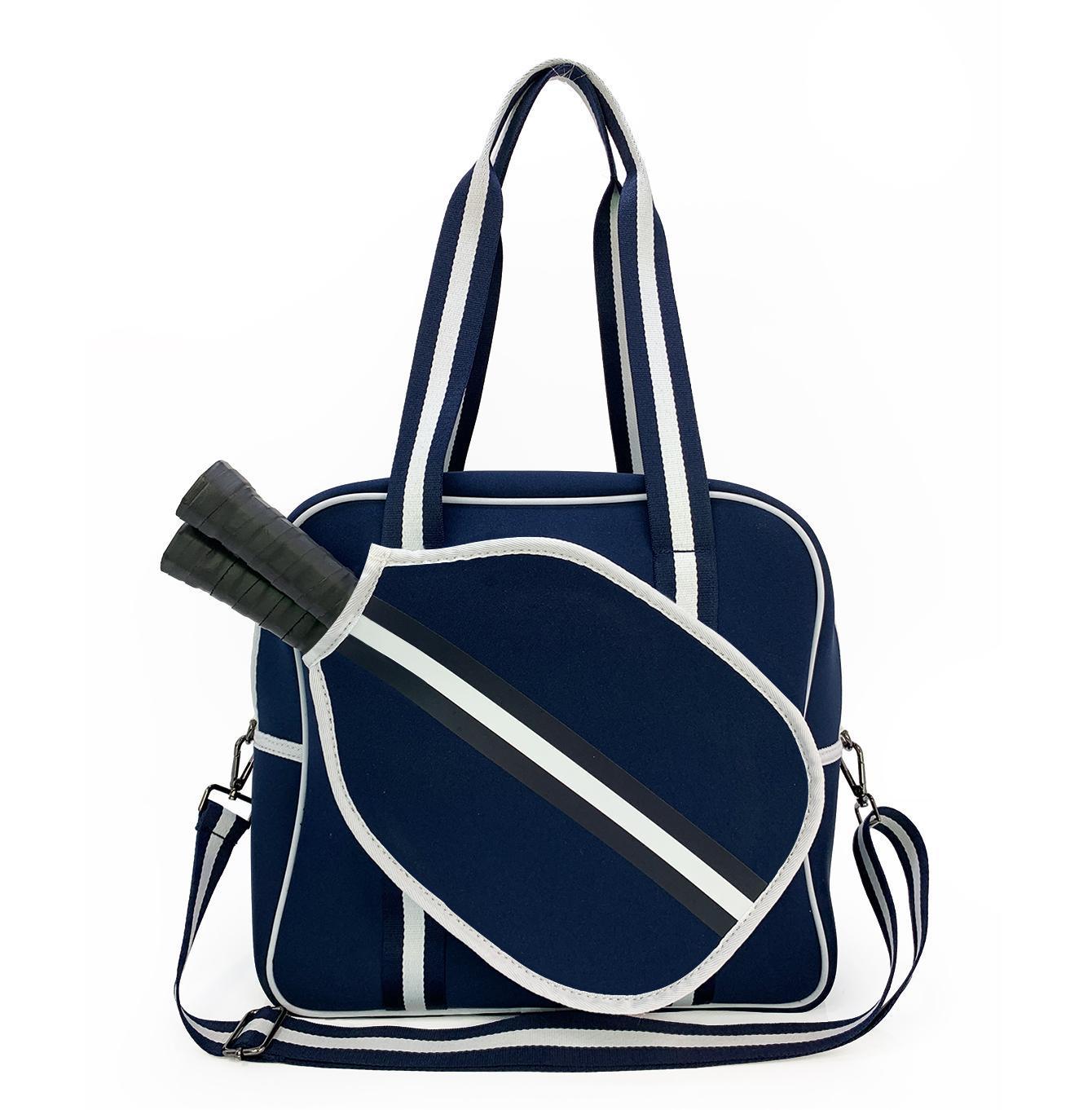 Striped outdoor neoprene travel bag by Sheila Merchandise with protective cover for fashionable tennis equipment bag