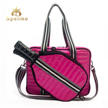 Striped outdoor neoprene travel portable bag by Sheila Merchandise fashionable tennis equipment bag in pink with black and white straps