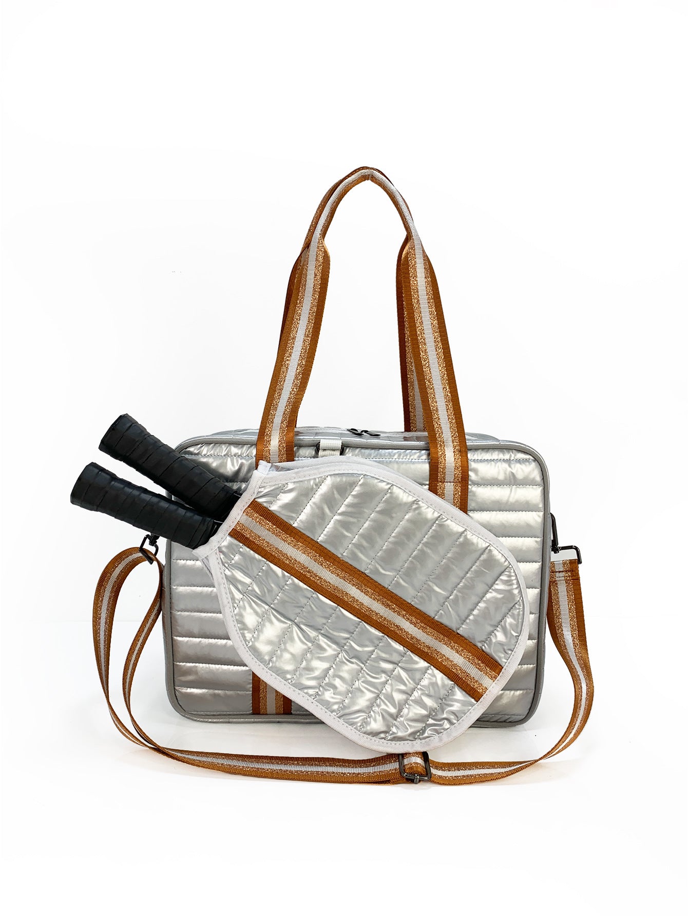 Striped outdoor neoprene travel portable bag by Sheila Merchandise, a fashionable tennis equipment bag with handles and a matching cover