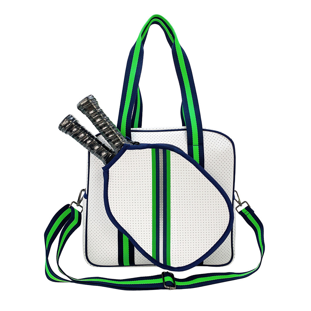 Striped outdoor neoprene travel portable bag with matching tennis racket cover fashionable tennis equipment bag