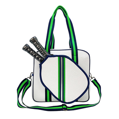 Striped outdoor neoprene travel portable bag with matching tennis racket cover fashionable tennis equipment bag
