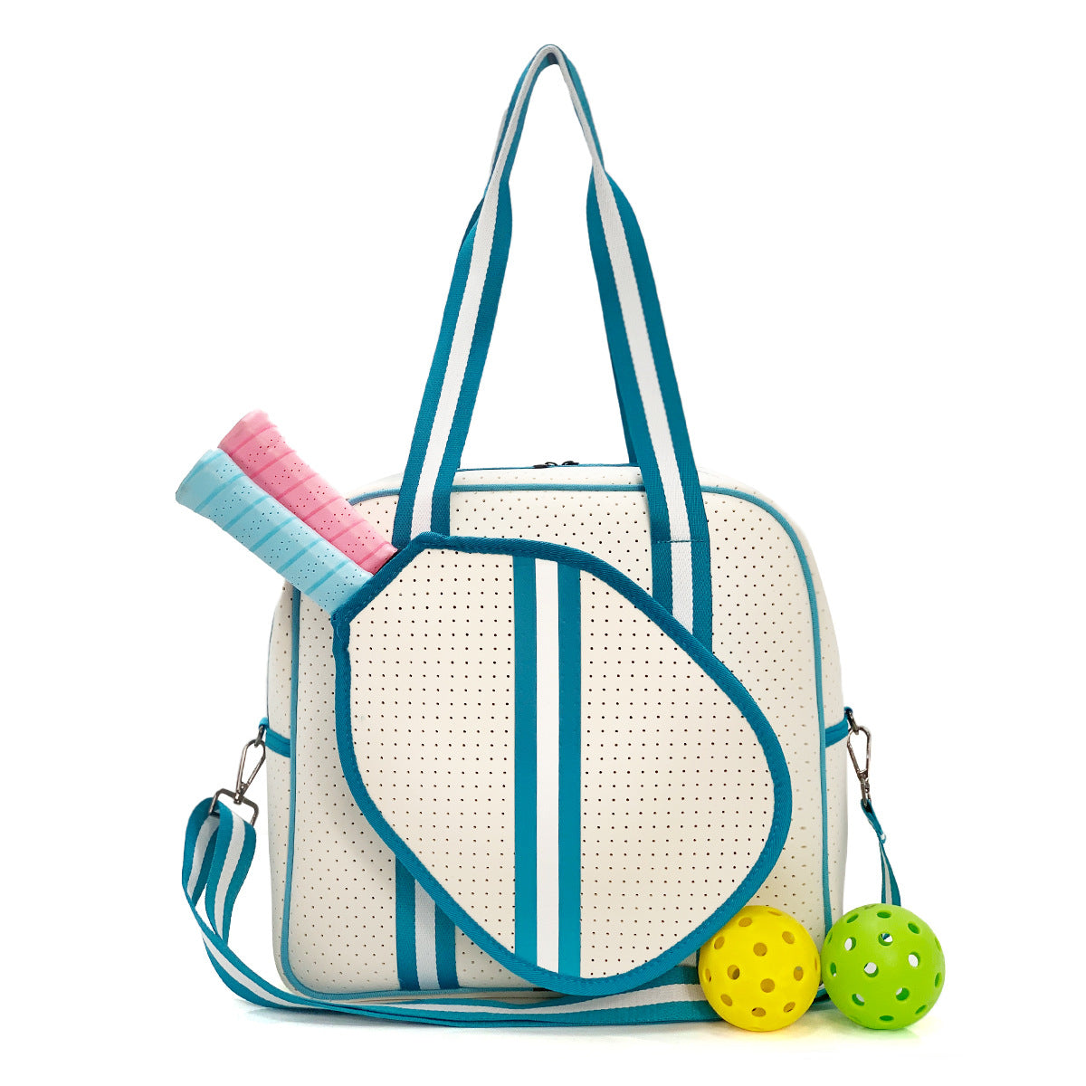 Striped outdoor neoprene travel portable bag by Sheila Merchandise serving as a fashionable tennis equipment bag