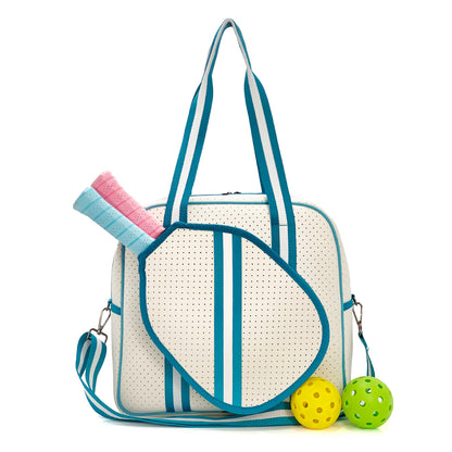 Striped outdoor neoprene travel portable bag by Sheila Merchandise serving as a fashionable tennis equipment bag