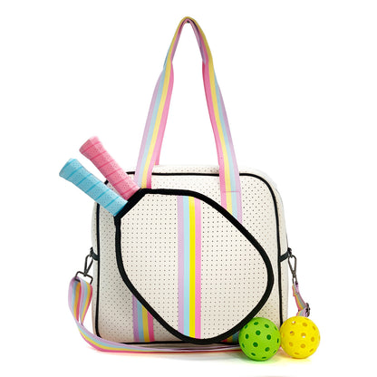 Striped neoprene travel bag with tennis racket cover and balls, stylish fashionable tennis equipment bag