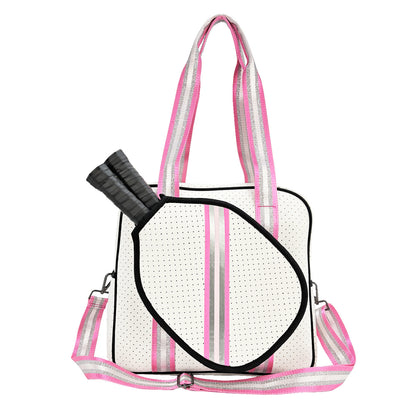 Striped outdoor neoprene travel portable bag by Sheila Merchandise fashionable tennis equipment bag with pink and white design