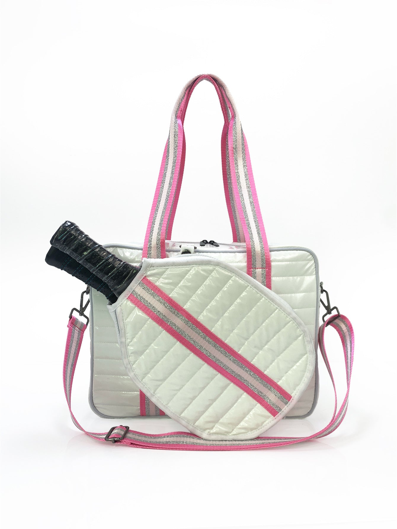 Striped outdoor neoprene travel portable bag by Sheila Merchandise with pink handles and fashionable tennis equipment bag design