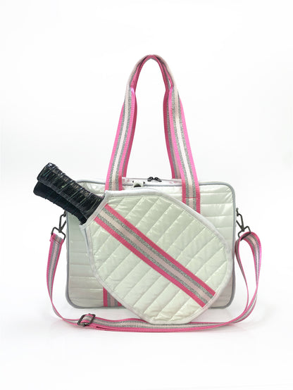 Striped outdoor neoprene travel portable bag by Sheila Merchandise with pink handles and fashionable tennis equipment bag design