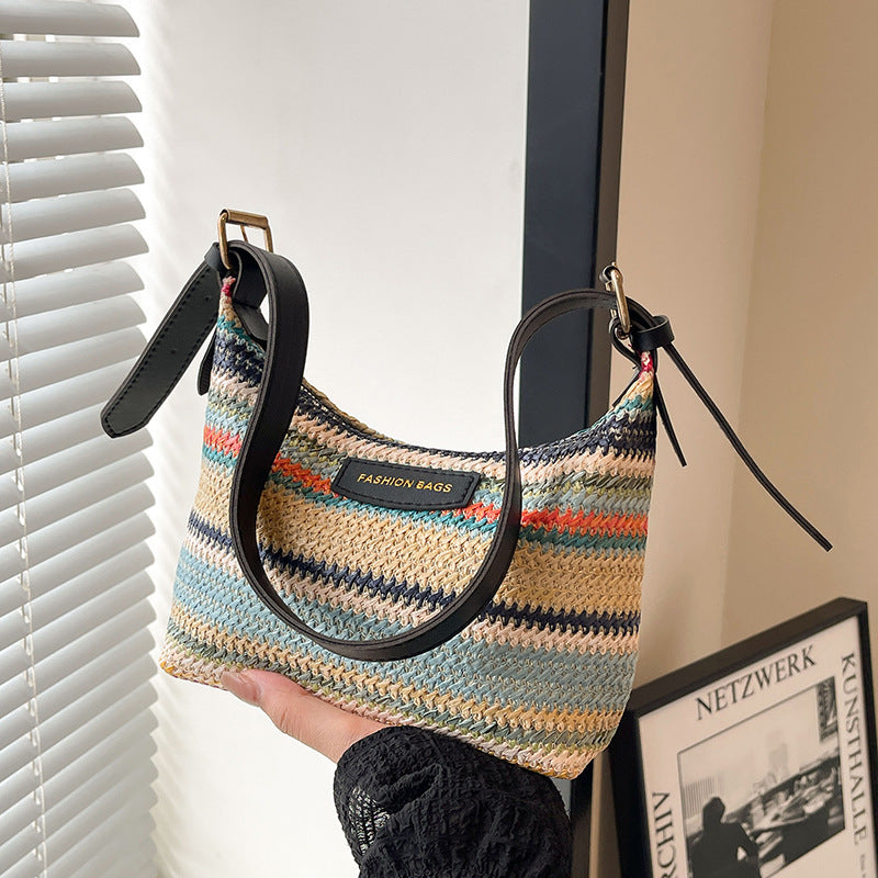 Sheila Merchandise simple stylish shoulder bag woven with multicolor stripes and black adjustable strap
