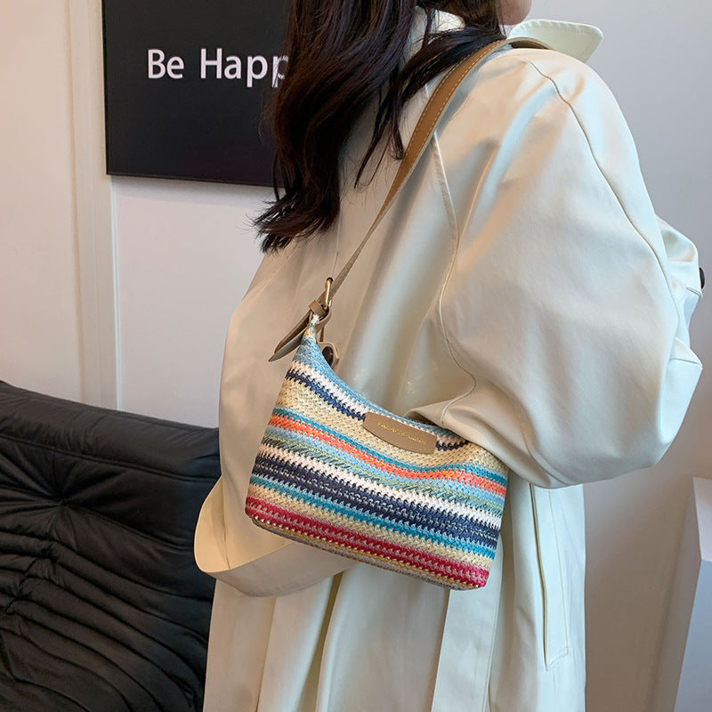 Women's woven bag by Sheila Merchandise in multicolor stripes featuring simple stylish shoulder bag design