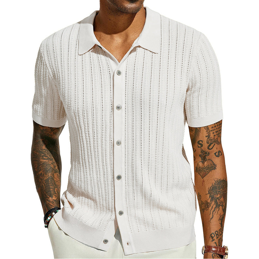 Men's Knitted Short Sleeve Button-Down Shirt, Solid Color
