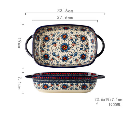 Floral design baking dish with handles, rectangular shape, perfect for microwave or dinner use
