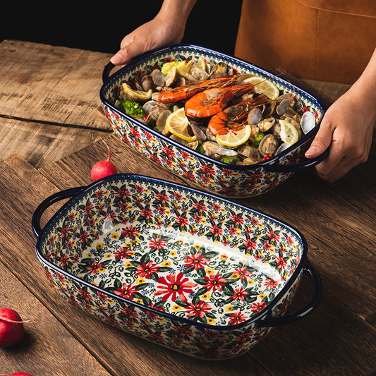 Floral design baking dish in rectangular shape, perfect for serving seafood and baking dishes