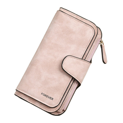 Matte PU leather multi function wallet for women in soft pink with zipper and snap closure