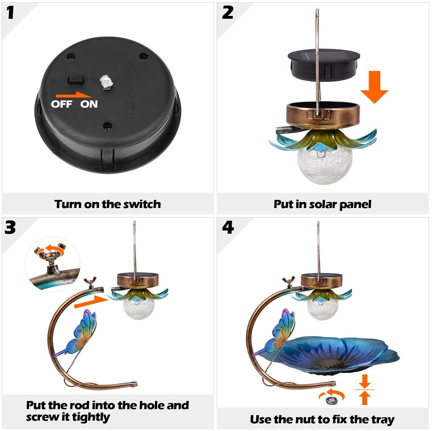 Sheila Merchandise solar bird feeder for garden showing step-by-step assembly instructions with rod, solar panel, and bird tray