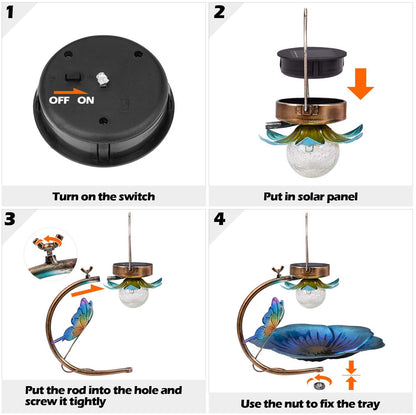 Sheila Merchandise solar bird feeder for garden showing step-by-step assembly instructions with rod, solar panel, and bird tray