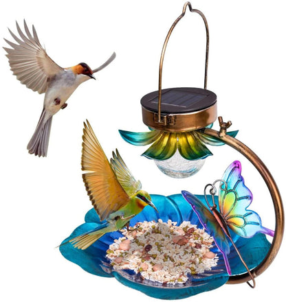 Sheila Merchandise solar bird feeder for garden with decorative butterfly and colorful bird feeding on seeds
