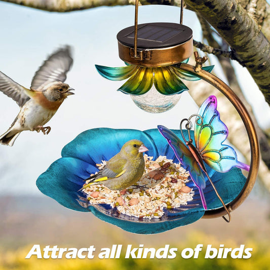 Sheila Merchandise solar bird feeder for garden with blue flower dish and decorative butterfly attracting birds