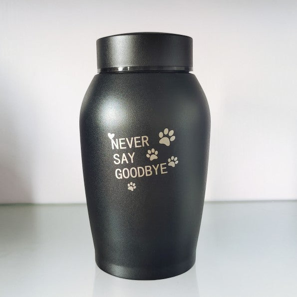 Black stainless steel pet urn with Never Say Goodbye engraved and paw print design
