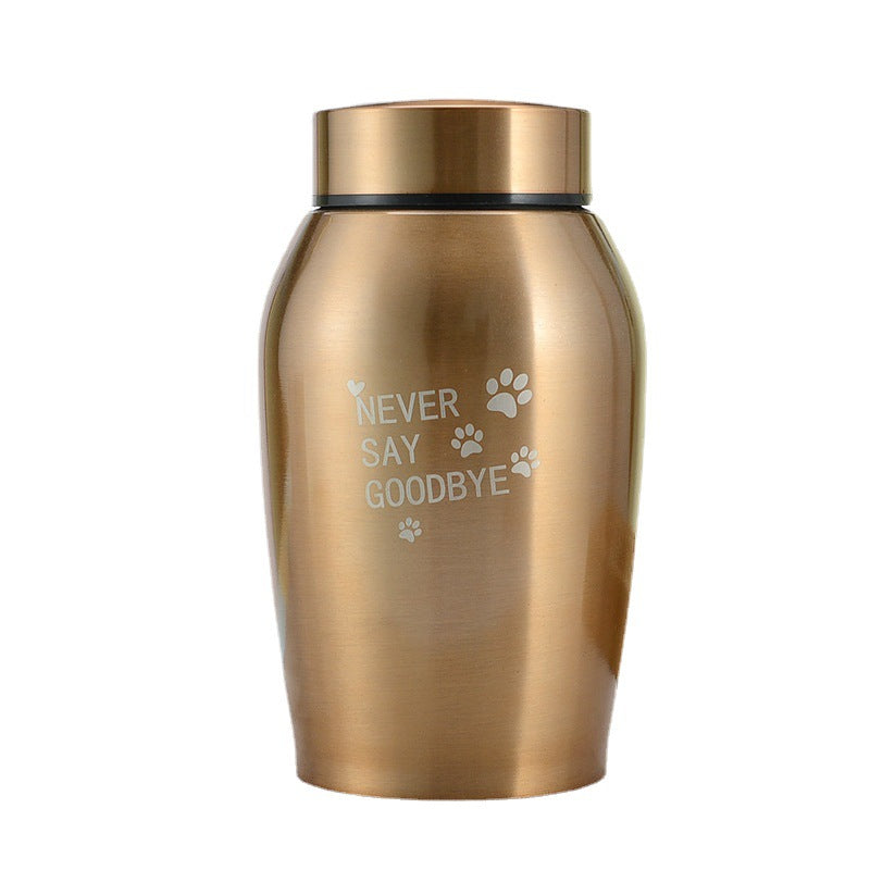 Bronze stainless steel pet urn with Never Say Goodbye engraving and paw prints