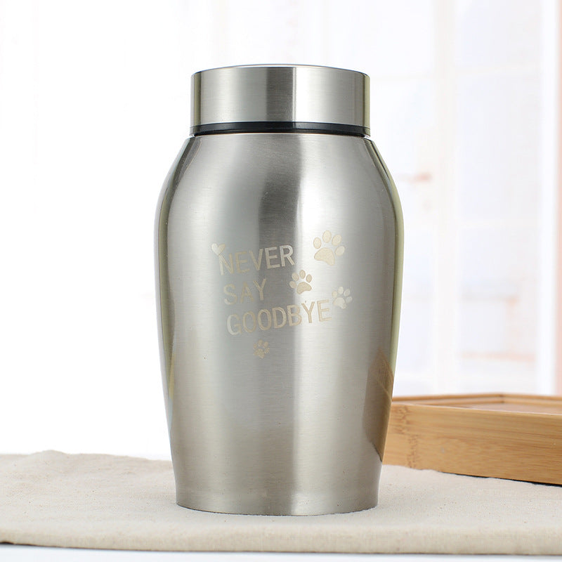 Metal Seal Funeral Products stainless steel pet urn with Never Say Goodbye engraving and paw prints