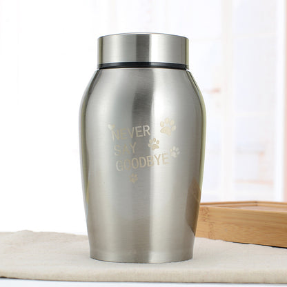 Metal Seal Funeral Products stainless steel pet urn with Never Say Goodbye engraving and paw prints