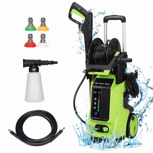 Green high pressure cleaning machine with hose, foam spray bottle, and four nozzle attachments