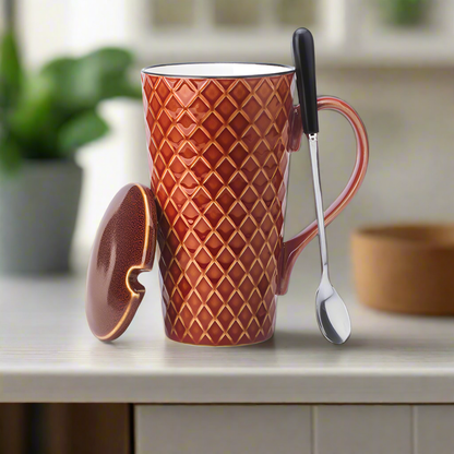 Sheila Merchandise vintage handcrafted ceramic tea mug with a textured diamond pattern lid and spoon