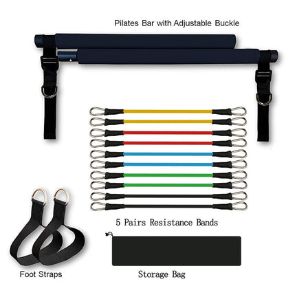 Sheila Merchandise home exercise bar with adjustable Pilates bar, five pairs of resistance bands, foot straps, and storage bag