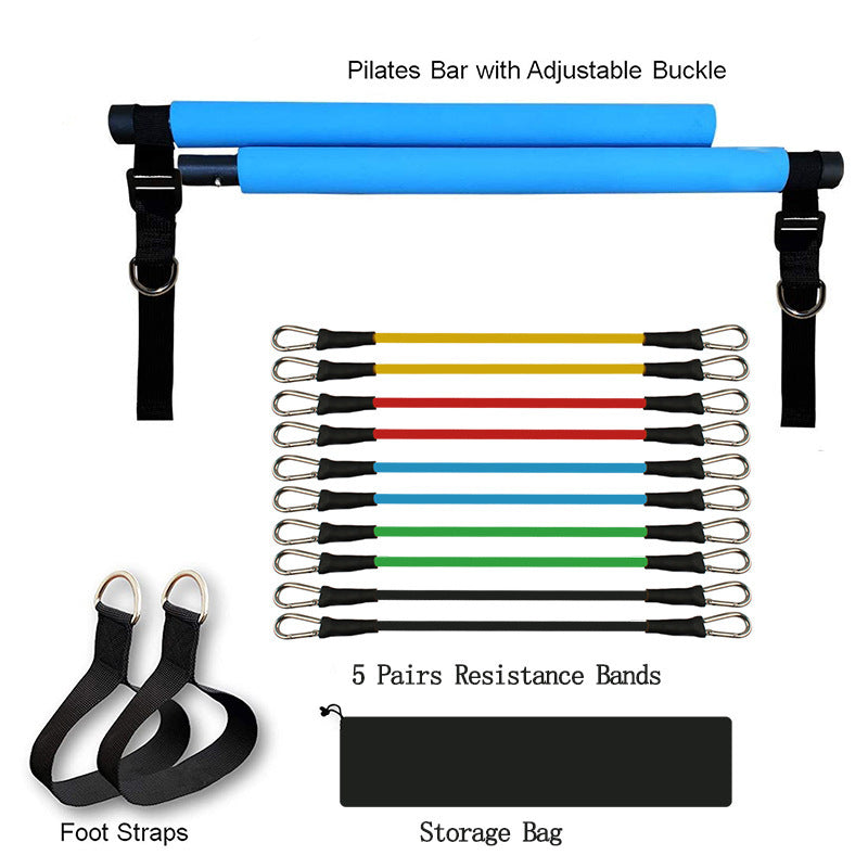 Home exercise bar Pilates set with adjustable buckle includes resistance bands, foot straps, and storage bag
