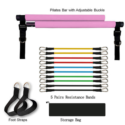 Sheila Merchandise home exercise bar with pink Pilates bar, five pairs of resistance bands, foot straps, and storage bag