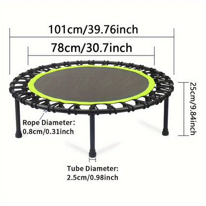 Sheila Merchandise home fitness trampoline with black jumping surface and green trim, compact size with metal legs