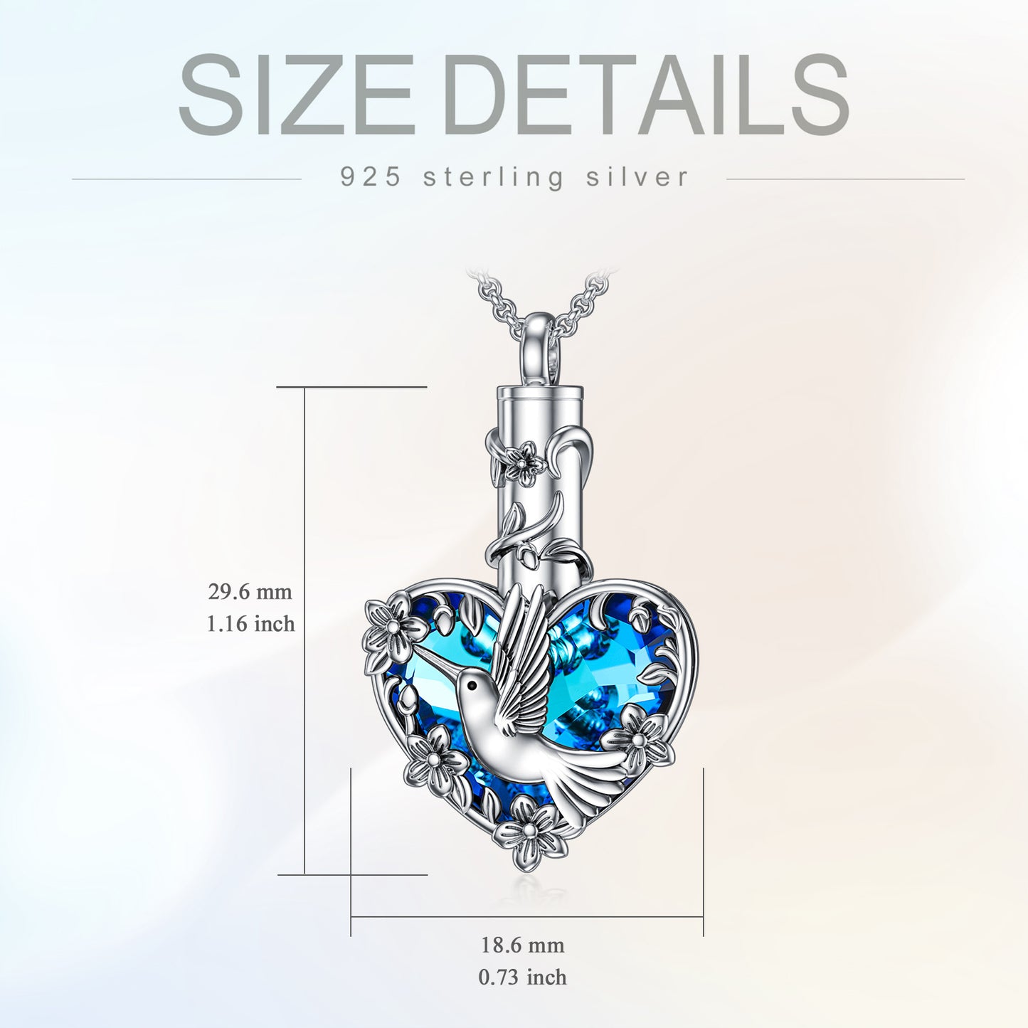 Sterling silver crystal hummingbird urn necklace with blue heart pendant hummingbird cremation jewelry