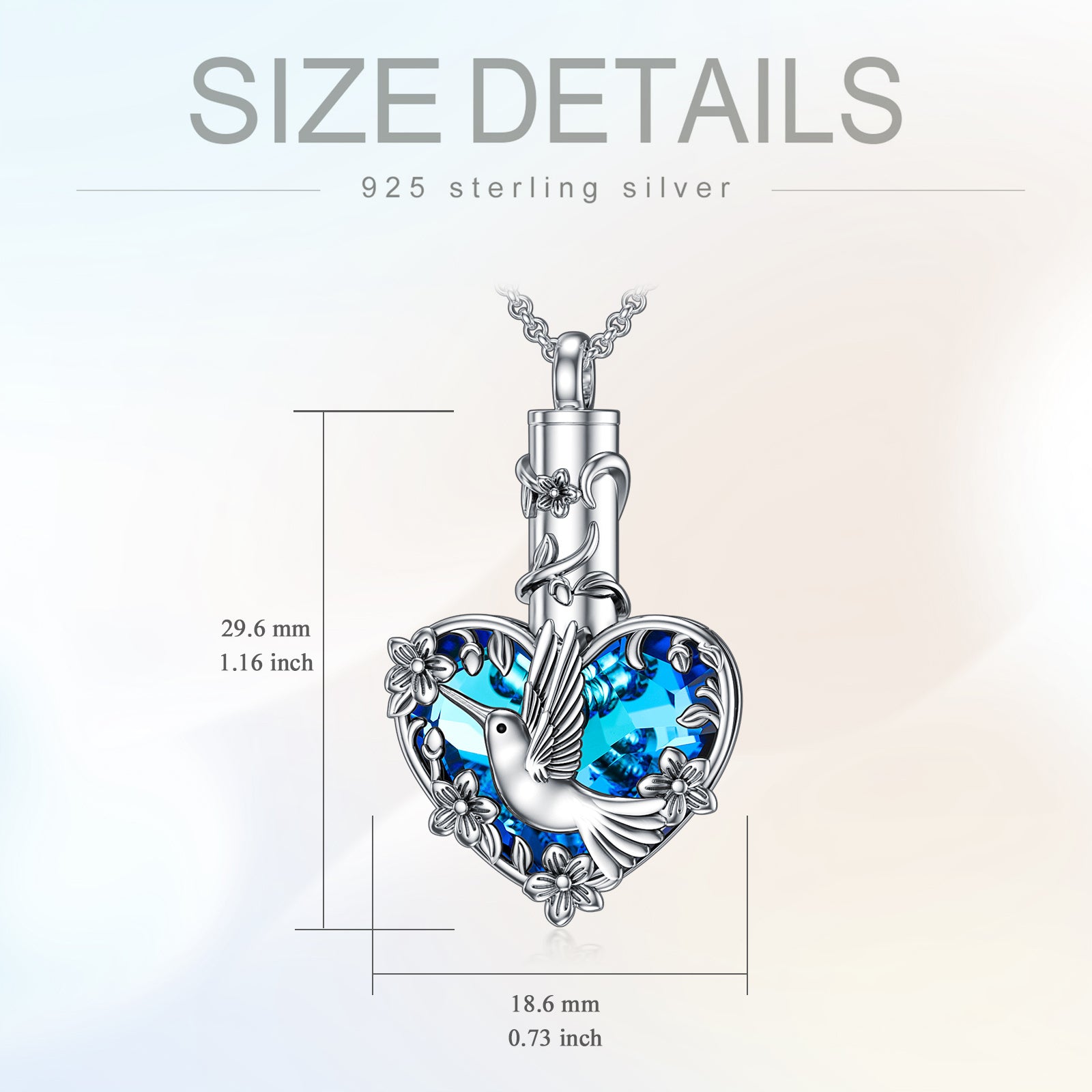Sterling silver crystal hummingbird urn necklace with blue heart pendant hummingbird cremation jewelry