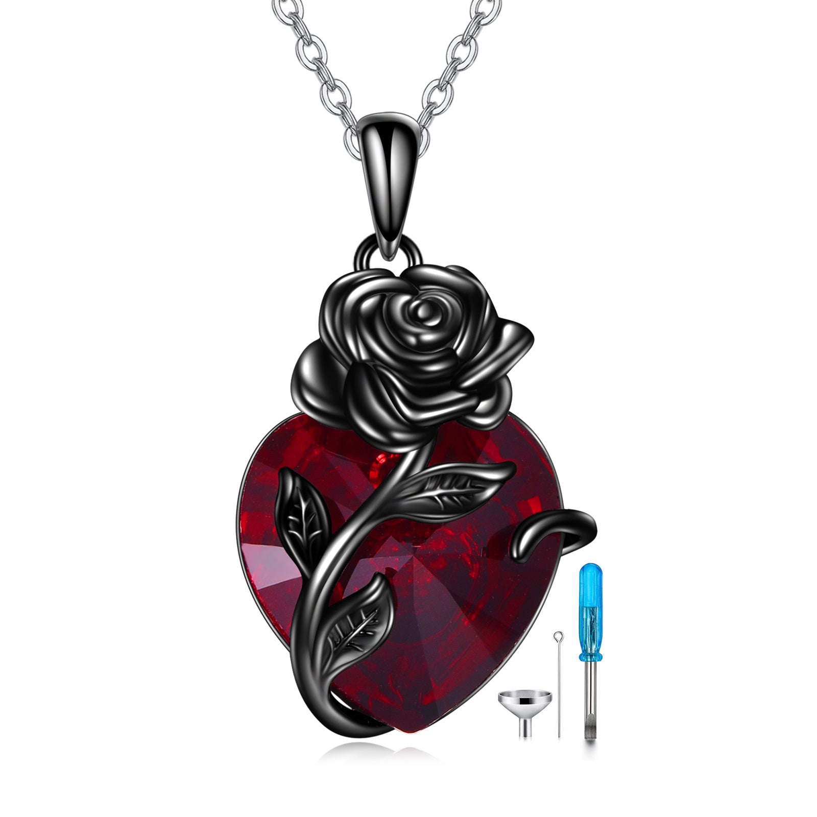 Sterling silver heart rose urn pendant for ashes with red heart and black rose design on chain
