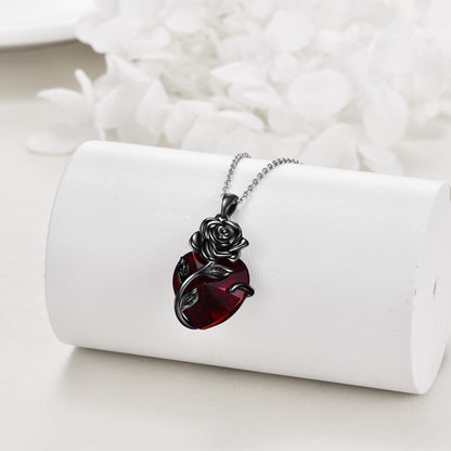 Sterling silver heart rose urn pendant for ashes with red heart and detailed rose design