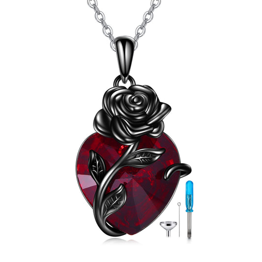 Sterling silver heart rose urn pendant for ashes with red heart gemstone and black rose design