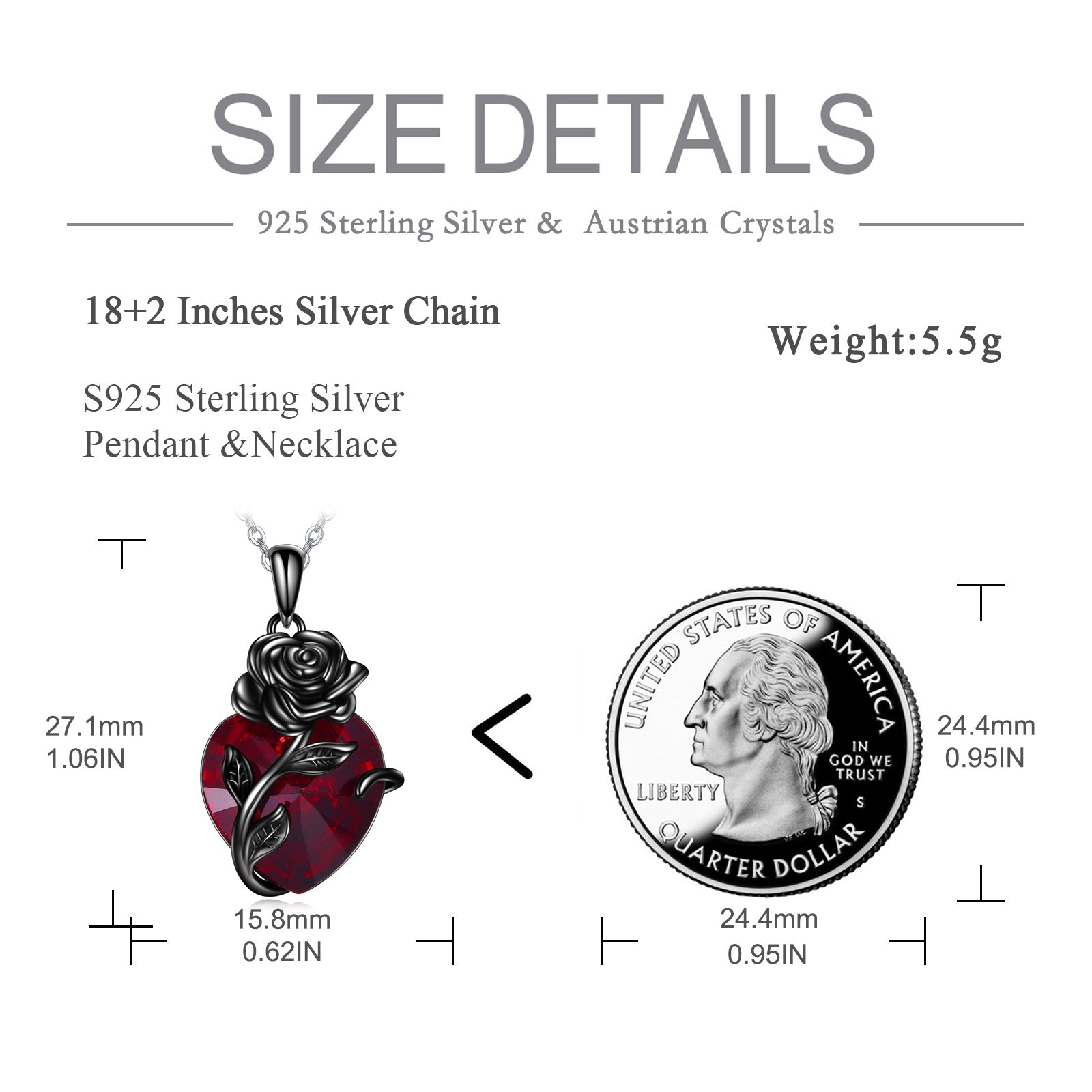 Sterling silver heart rose urn pendant for ashes with detailed measurements beside a US quarter for size comparison