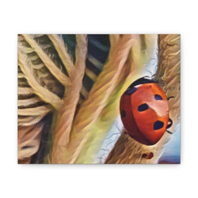 Colorful ladybug canvas art featuring a vibrant red ladybug on a branch
