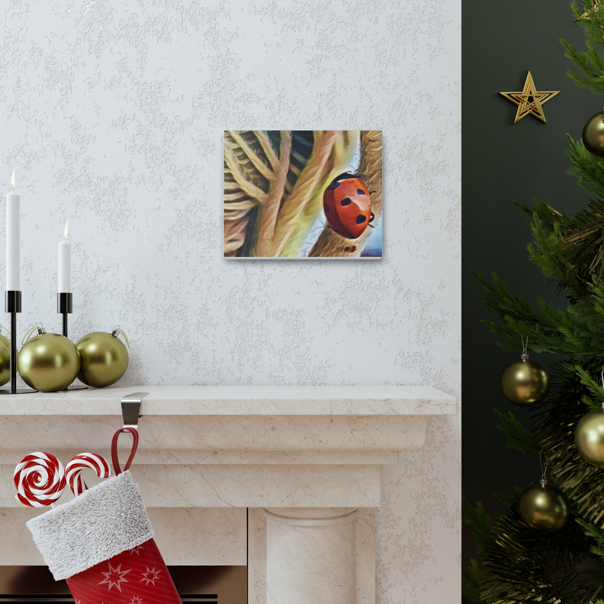 Colorful ladybug canvas decor hanging above a festive holiday mantle with decorations