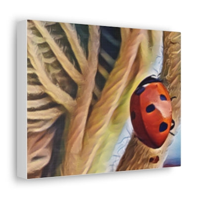 Vibrant ladybug canvas wall art featuring a detailed close-up of a ladybug on a textured surface
