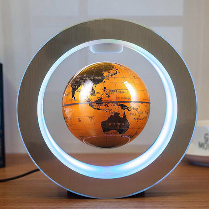 Round LED floating globe for home decor with world map suspended inside circular frame