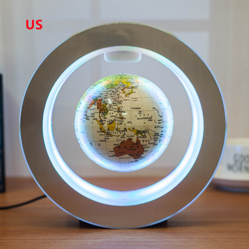 Round LED floating globe for home decor with magnetic levitation and world map design on wooden surface