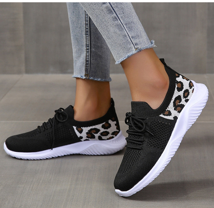 Sheila Merchandise white shoes women leopard print sneakers women with black knit and white sole