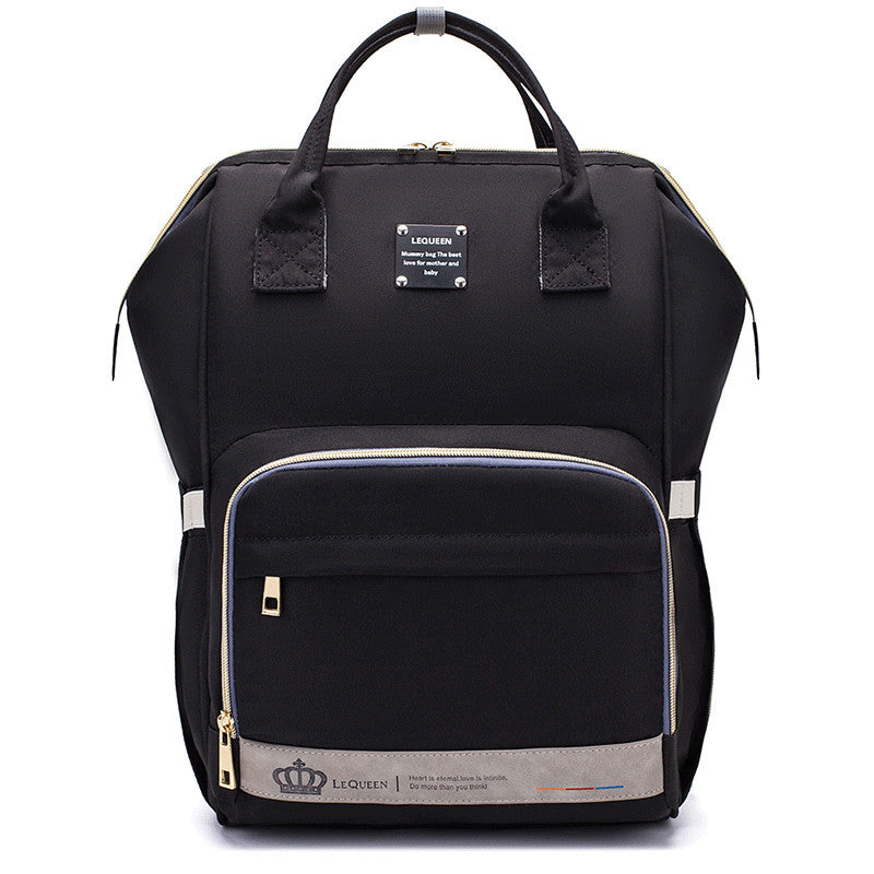 Black parent-approved diaper backpack by Sheila Merchandise with multiple compartments and sturdy handles