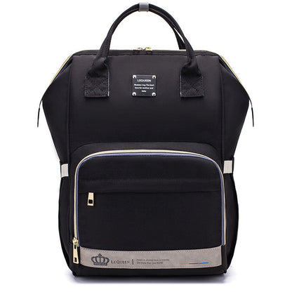Black parent-approved diaper backpack by Sheila Merchandise with multiple compartments and sturdy handles