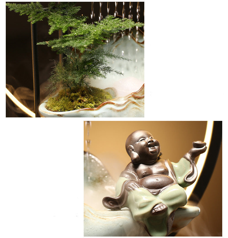 Sheila Merchandise lucky flowing waterscape decor water fountain with bonsai tree and laughing Buddha statue