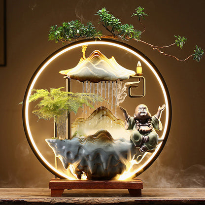 Sheila Merchandise water fountain featuring lucky flowing waterscape decor with Buddha and bonsai in illuminated circular frame